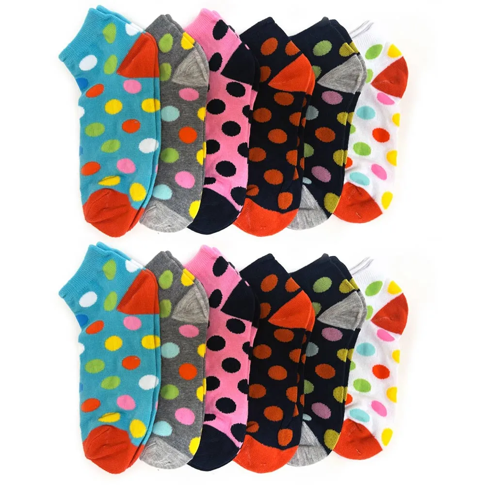12 Pairs Women Low Cut Socks Colorful Fancy Design Polka Dot Socks Size US 9-11