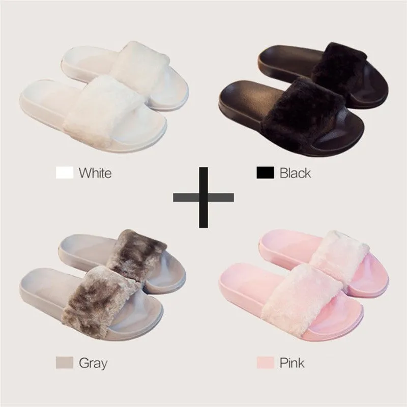 2018 New Casual Slipper Flip Flop Sandal Womens Slippers Zapatos Mujer Ladies Slip On Sliders Fluffy Faux Fur Flat Size 36~41