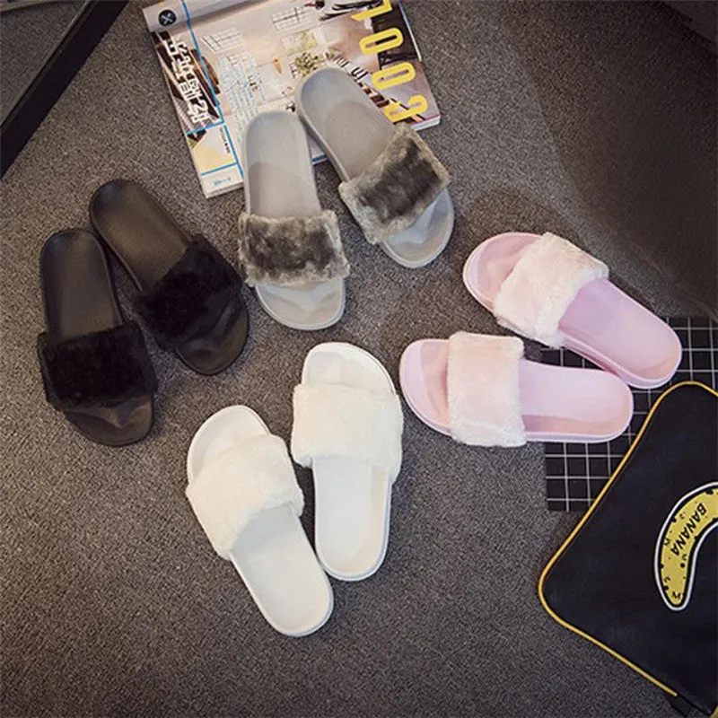 2018 New Casual Slipper Flip Flop Sandal Womens Slippers Zapatos Mujer Ladies Slip On Sliders Fluffy Faux Fur Flat Size 36~41