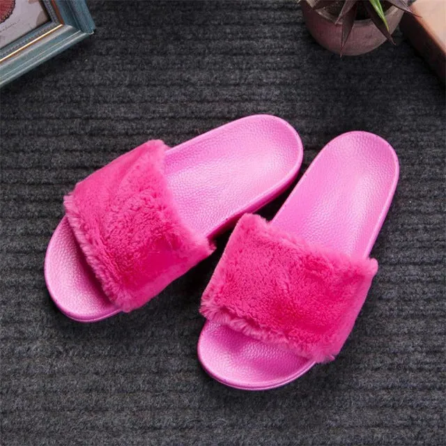 2018 New Casual Slipper Flip Flop Sandal Womens Slippers Zapatos Mujer Ladies Slip On Sliders Fluffy Faux Fur Flat Size 36~41