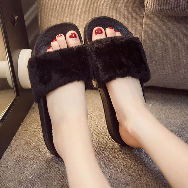 2018 New Casual Slipper Flip Flop Sandal Womens Slippers Zapatos Mujer Ladies Slip On Sliders Fluffy Faux Fur Flat Size 36~41