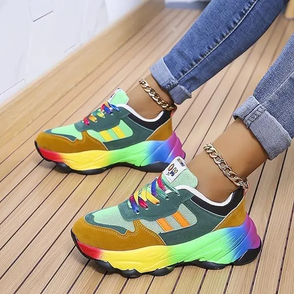 2023 New Orthopedic Shoes Rainbow Sneakers - Slip On Air Cushion Walking Shoes with Arch Support, Lace Up Breathable Platform Walking Shoes, Women Non-Slip Stretch Casual Sneakers (10, Green)