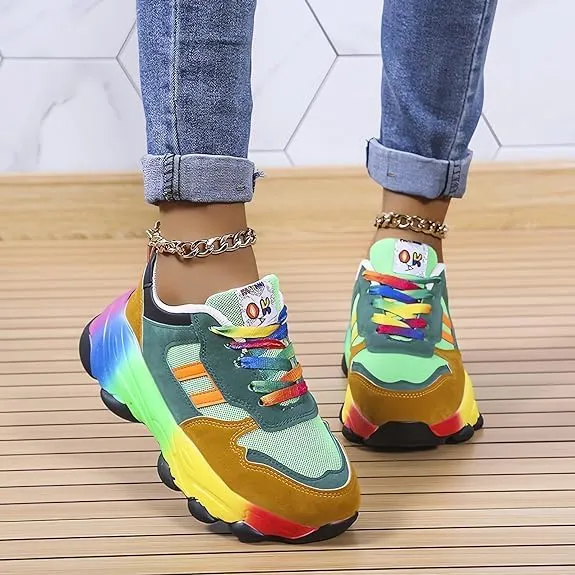 2023 New Orthopedic Shoes Rainbow Sneakers - Slip On Air Cushion Walking Shoes with Arch Support, Lace Up Breathable Platform Walking Shoes, Women Non-Slip Stretch Casual Sneakers (10, Green)