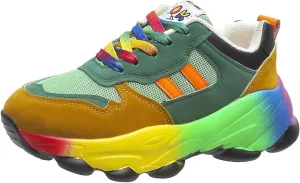 2023 New Orthopedic Shoes Rainbow Sneakers - Slip On Air Cushion Walking Shoes with Arch Support, Lace Up Breathable Platform Walking Shoes, Women Non-Slip Stretch Casual Sneakers (10, Green)