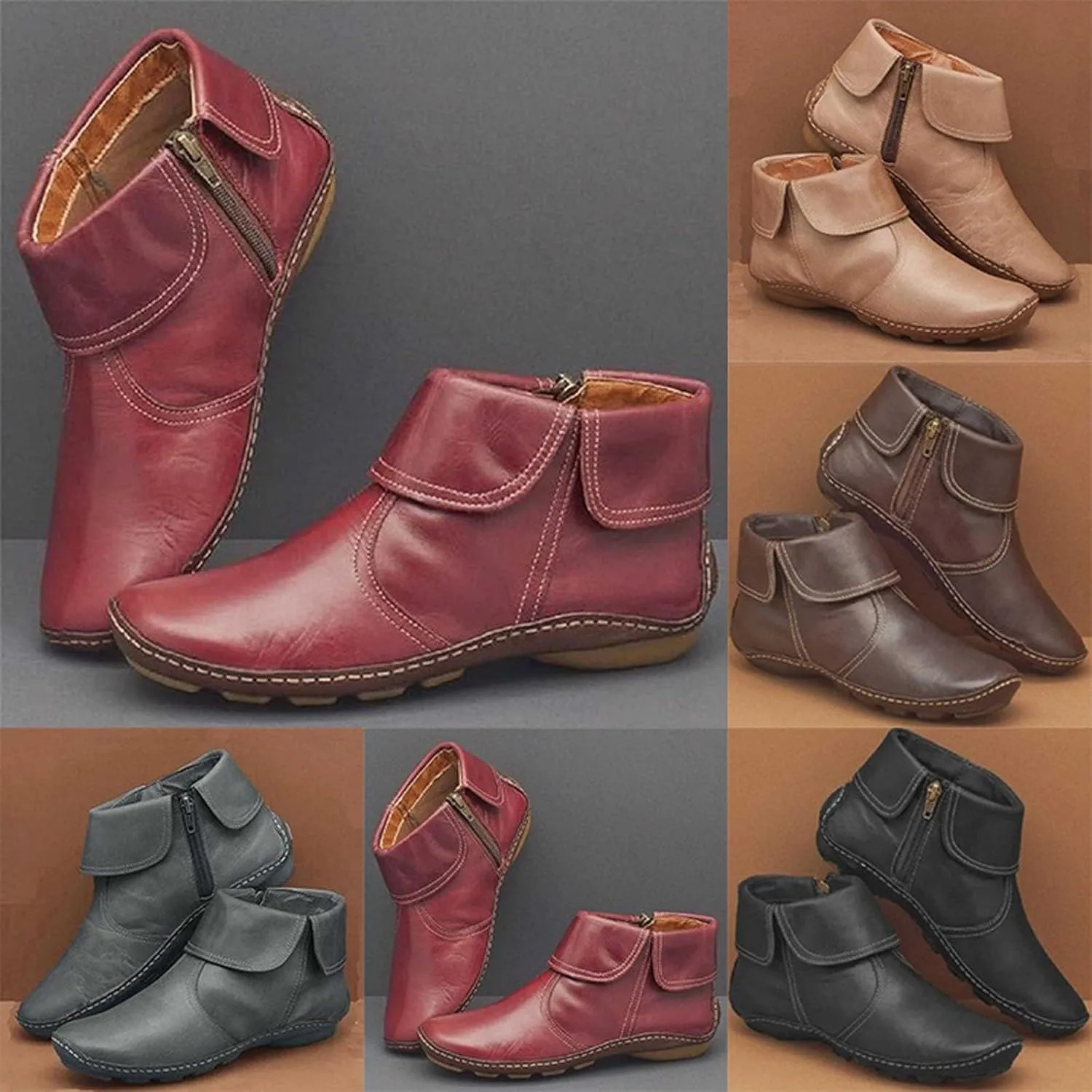 Ankle Boots for Women Brown Booties for Women Comfortable Boots for Women Flat Boot Laces Lightweight Cute Round Toe Cut Out Chunky Stacked Heel Slip on