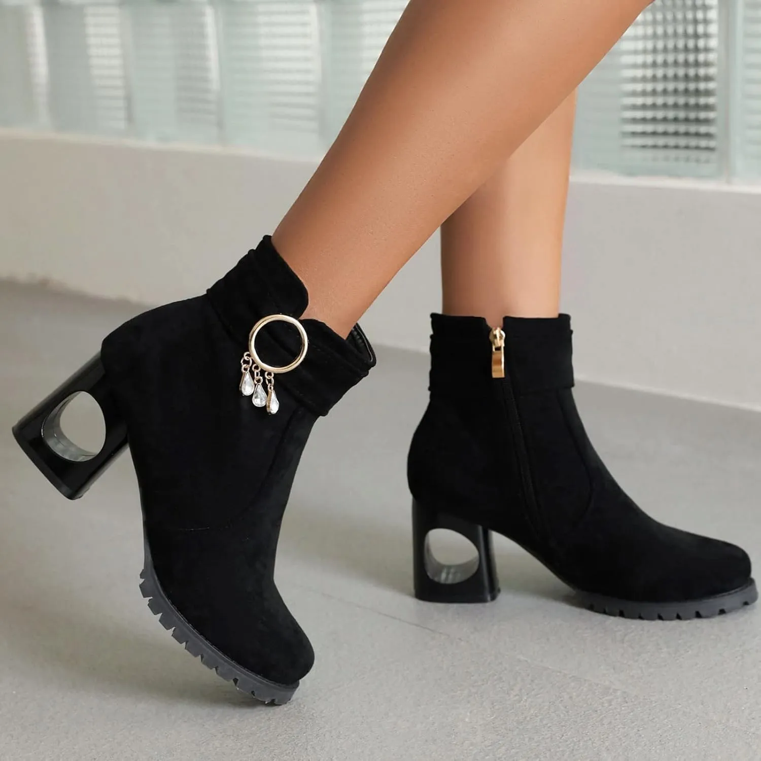 Black Booties for Women Ankle Western Booties for Women Mens Casual Dress Boots Womens Bootie Round Toe Closed Back Lightweight Breathable Round Toe Suede Stacked Heel