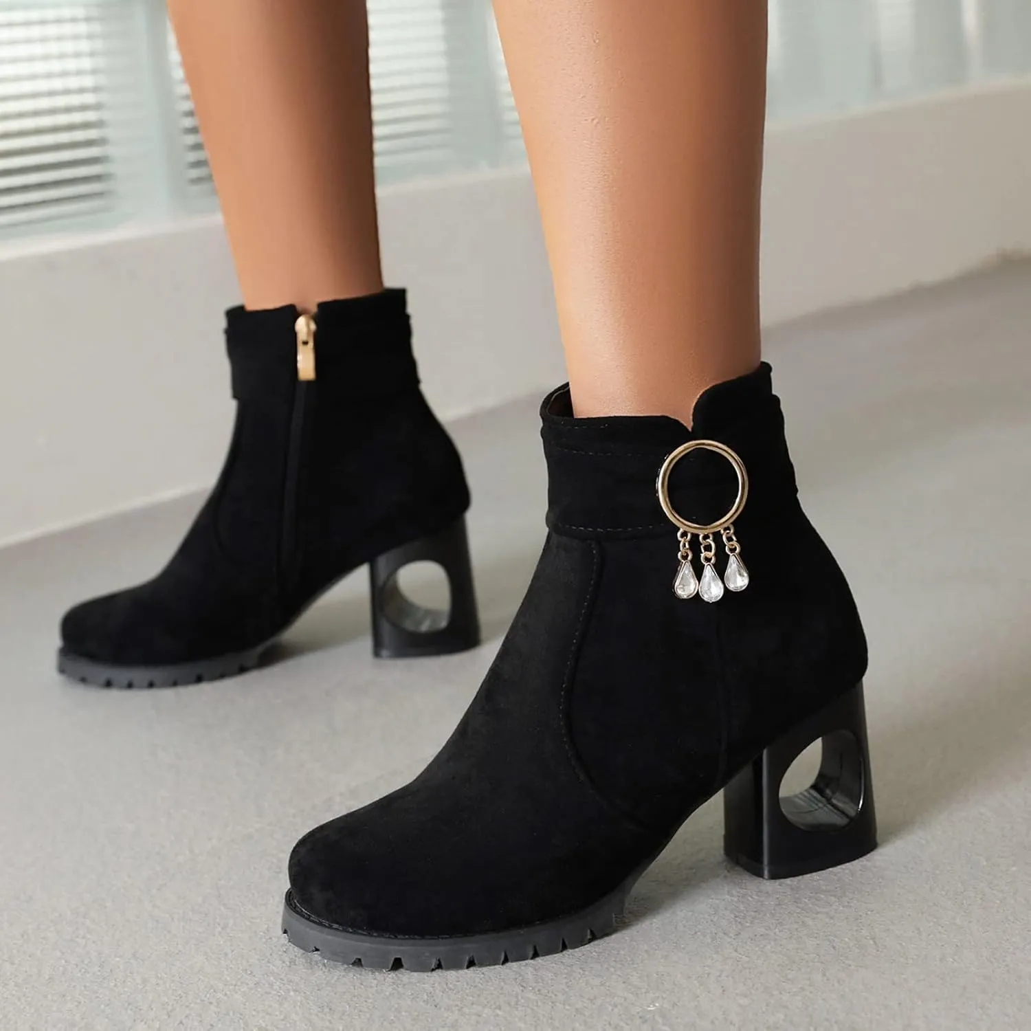Black Booties for Women Ankle Western Booties for Women Mens Casual Dress Boots Womens Bootie Round Toe Closed Back Lightweight Breathable Round Toe Suede Stacked Heel
