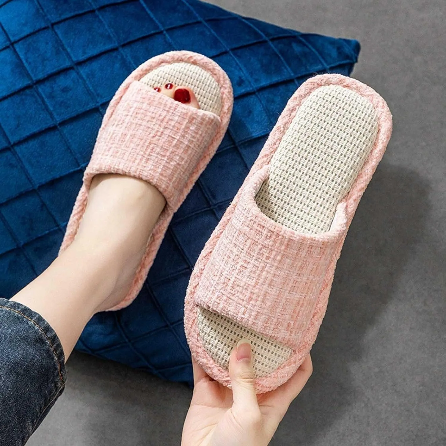 Couples Fashion Open Toe Cloth Mute Slippers Men's and Women's Linen Home Shoes Women Bed Slippers Size 11