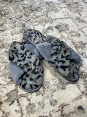 Grey Crisscross Faux Fur Slippers