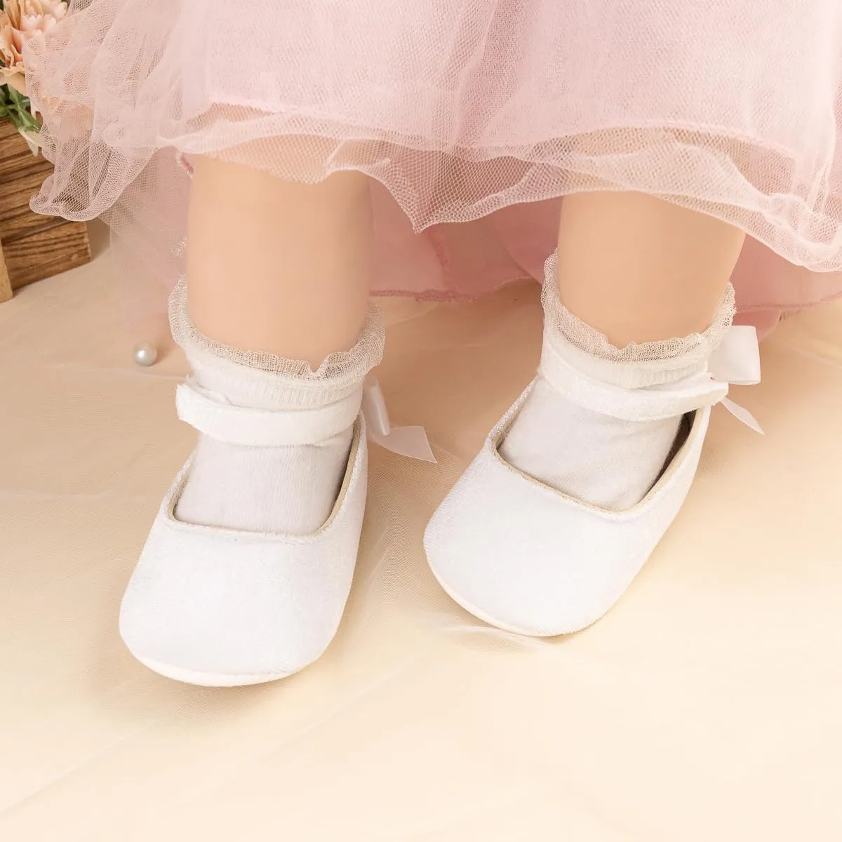 KIDSUN Infant Baby Girls Mary Jane Shoes Non-Slip Rubber Sole Ballet Slippers Princess Dress Wedding Shoes Newborn Crib Shoes First Walkers Shoes