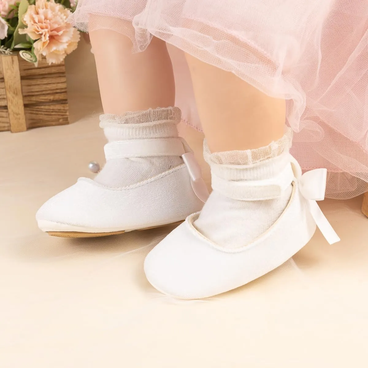 KIDSUN Infant Baby Girls Mary Jane Shoes Non-Slip Rubber Sole Ballet Slippers Princess Dress Wedding Shoes Newborn Crib Shoes First Walkers Shoes