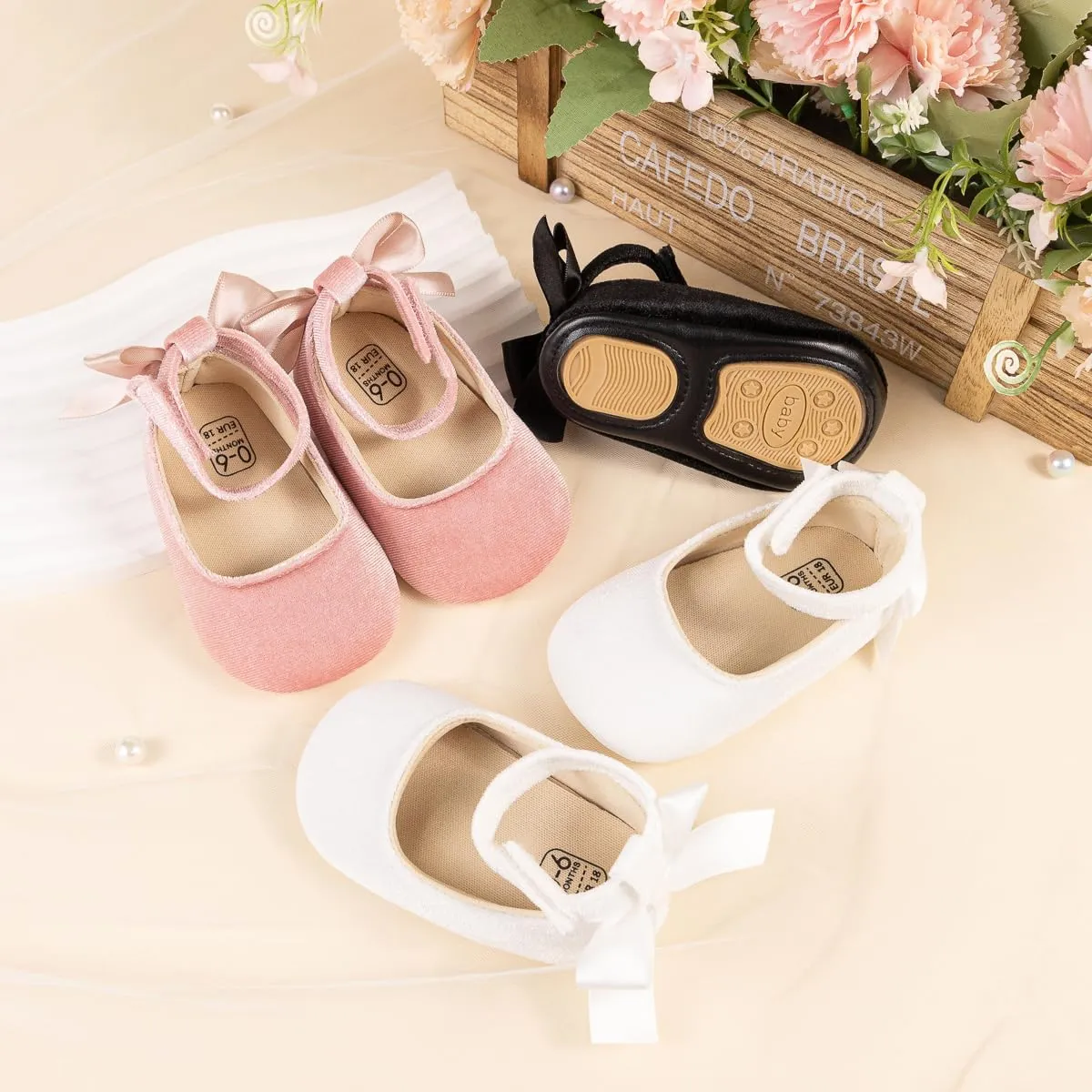 KIDSUN Infant Baby Girls Mary Jane Shoes Non-Slip Rubber Sole Ballet Slippers Princess Dress Wedding Shoes Newborn Crib Shoes First Walkers Shoes