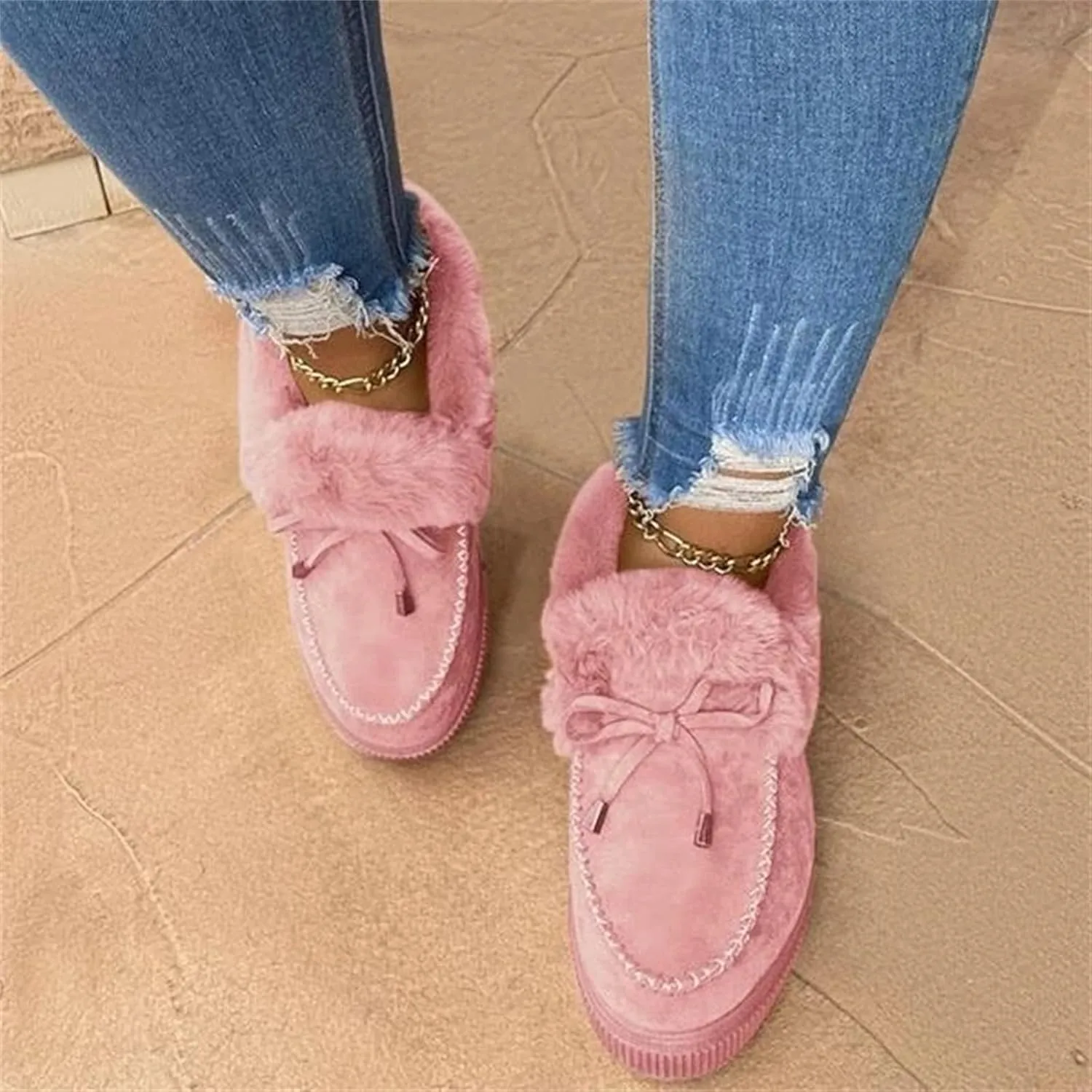 Lausiuoe Winter Fashion Boots For Women 2024 Warm Snow Fuzzy Ankle Booties Flat Cute Silp On Comfortable Casual Loafers Shoes