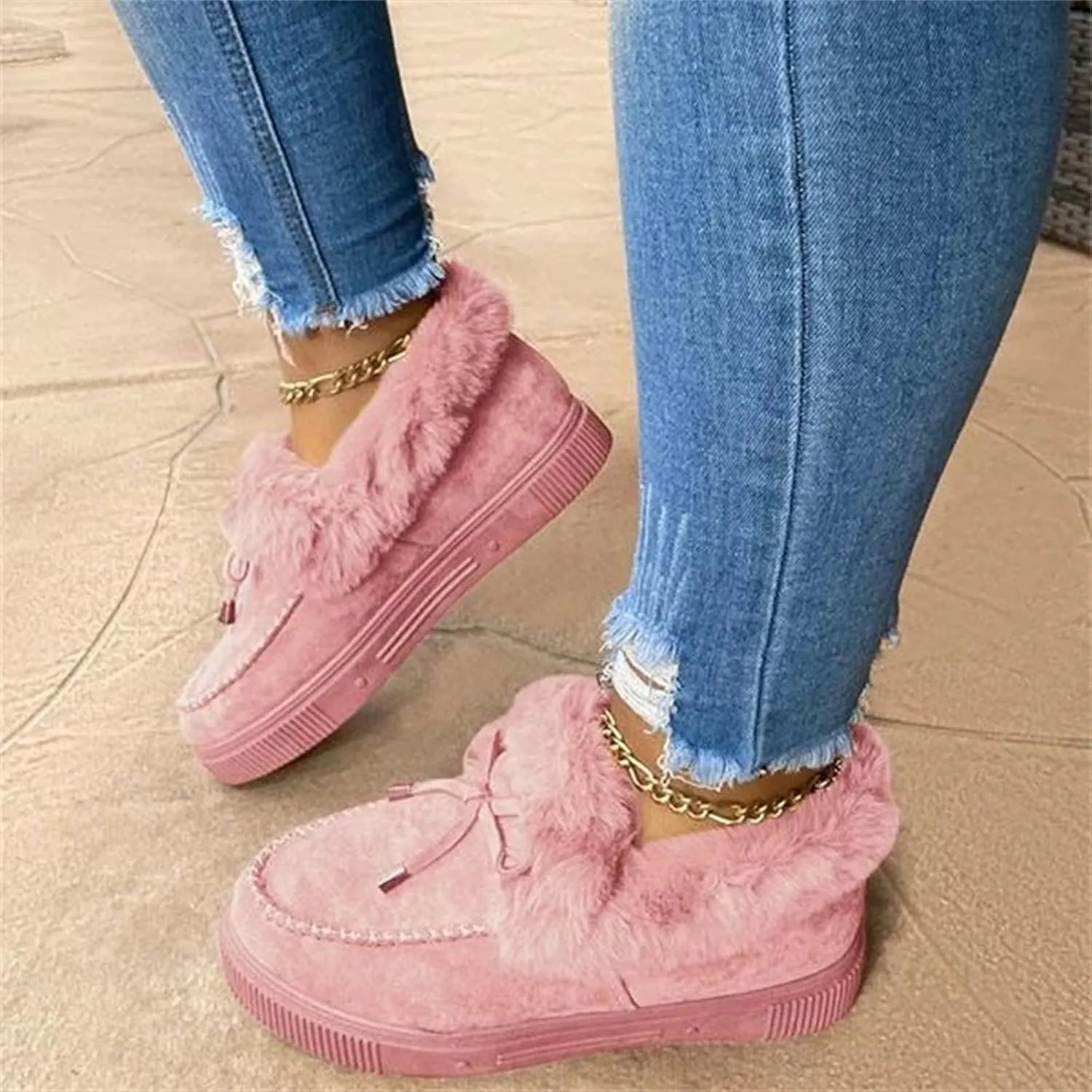 Lausiuoe Winter Fashion Boots For Women 2024 Warm Snow Fuzzy Ankle Booties Flat Cute Silp On Comfortable Casual Loafers Shoes