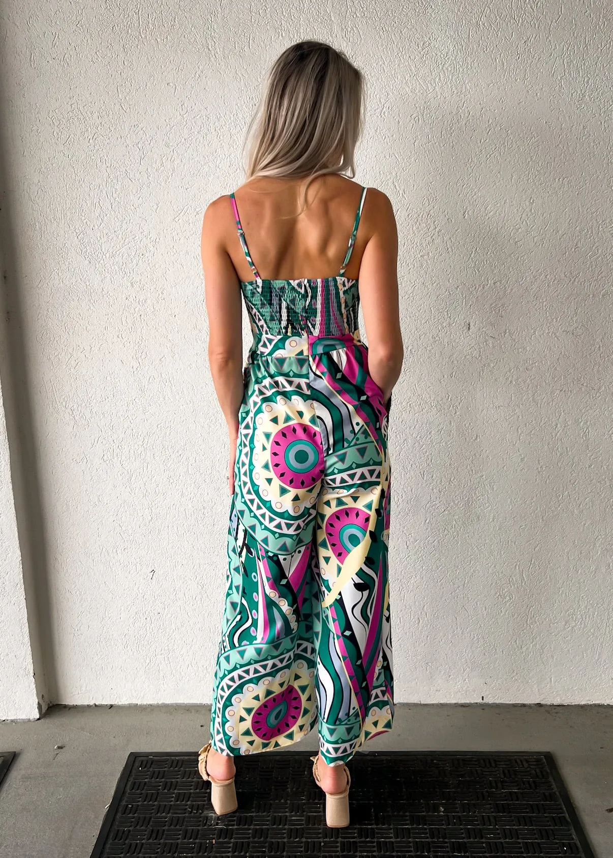 MAYVE PRINT SMOCKED JUMPSUIT