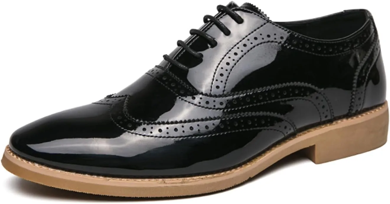 Mens Brogue Patent Leather Lace Up Formal Oxford Classic Wing Tips Tuxedo Modern Business Dress Wedding Derby Shoes (Black,9.5)