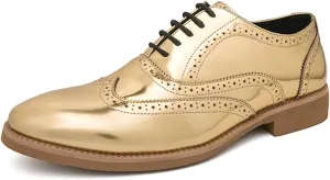 Mens Brogue Patent Leather Lace Up Formal Oxford Classic Wing Tips Tuxedo Modern Business Dress Wedding Derby Shoes (Gold,12)