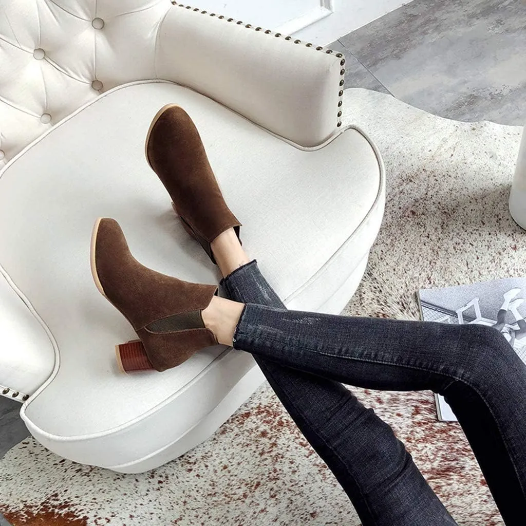 MIOKE Women's Casual Round Toe Dressy Ankle Boots Suede Chunky Block Mid Heel Elastic Chelsea Short Booties