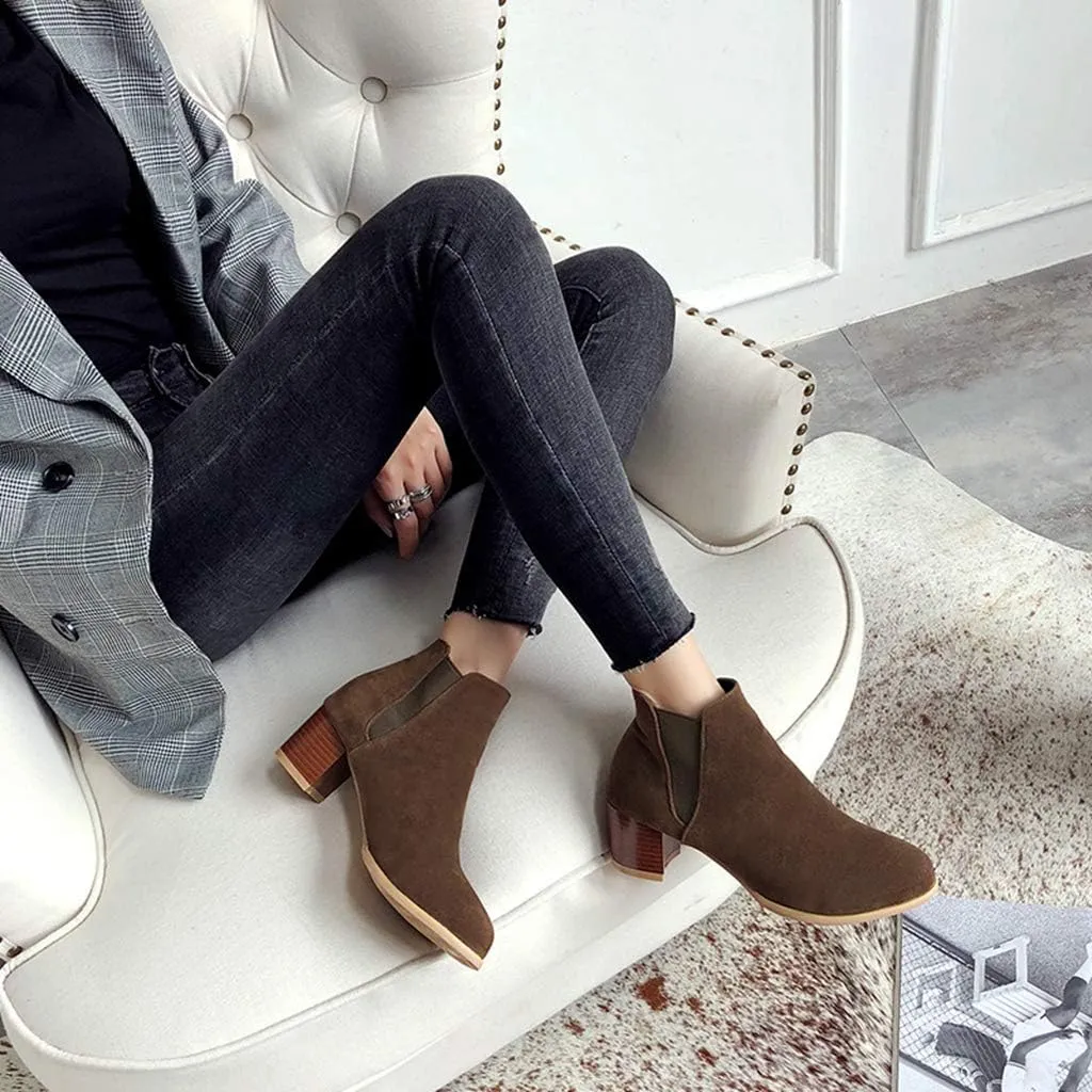 MIOKE Women's Casual Round Toe Dressy Ankle Boots Suede Chunky Block Mid Heel Elastic Chelsea Short Booties