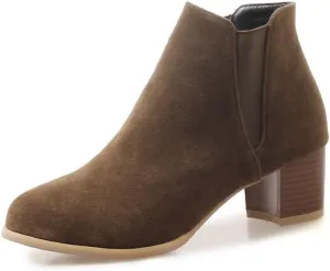 MIOKE Women's Casual Round Toe Dressy Ankle Boots Suede Chunky Block Mid Heel Elastic Chelsea Short Booties