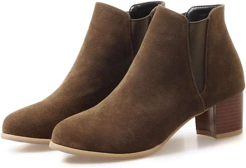 MIOKE Women's Casual Round Toe Dressy Ankle Boots Suede Chunky Block Mid Heel Elastic Chelsea Short Booties