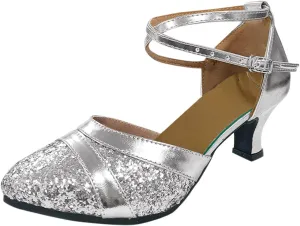 Womens Mid Heel Sandals Latin Dance Shoes Low Heels Tango Ballroom Shoes Ankle Strap Sandals Wedding Heels for Bride