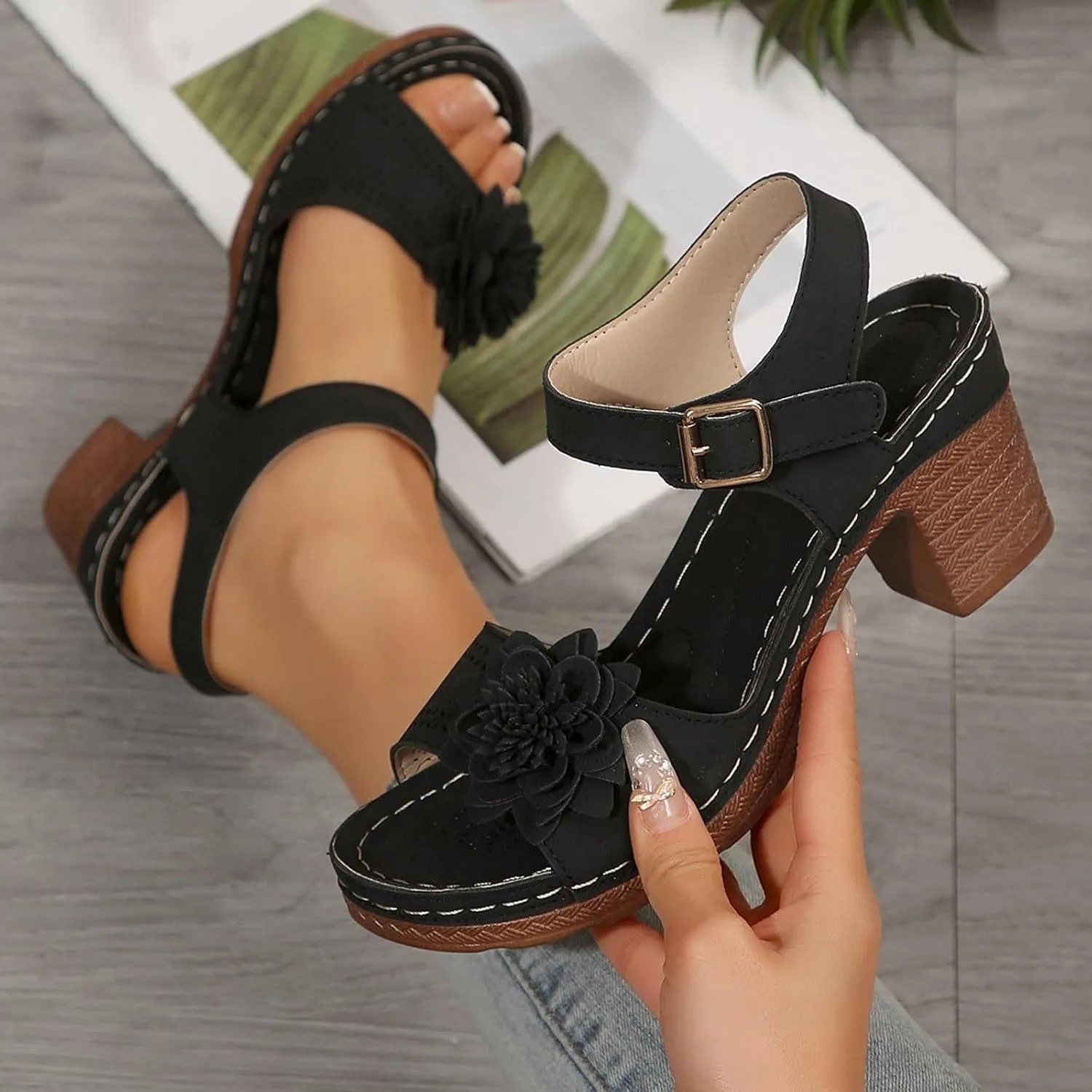 ZWRXW Open Toe Wedge Sandals for Womens Flower Buckle Ankle Strap Arch Support Orthopedic Wedge Casual Sandal Cute Fashion Dressy Bohemia Sandals Summer Comfortable Shoe