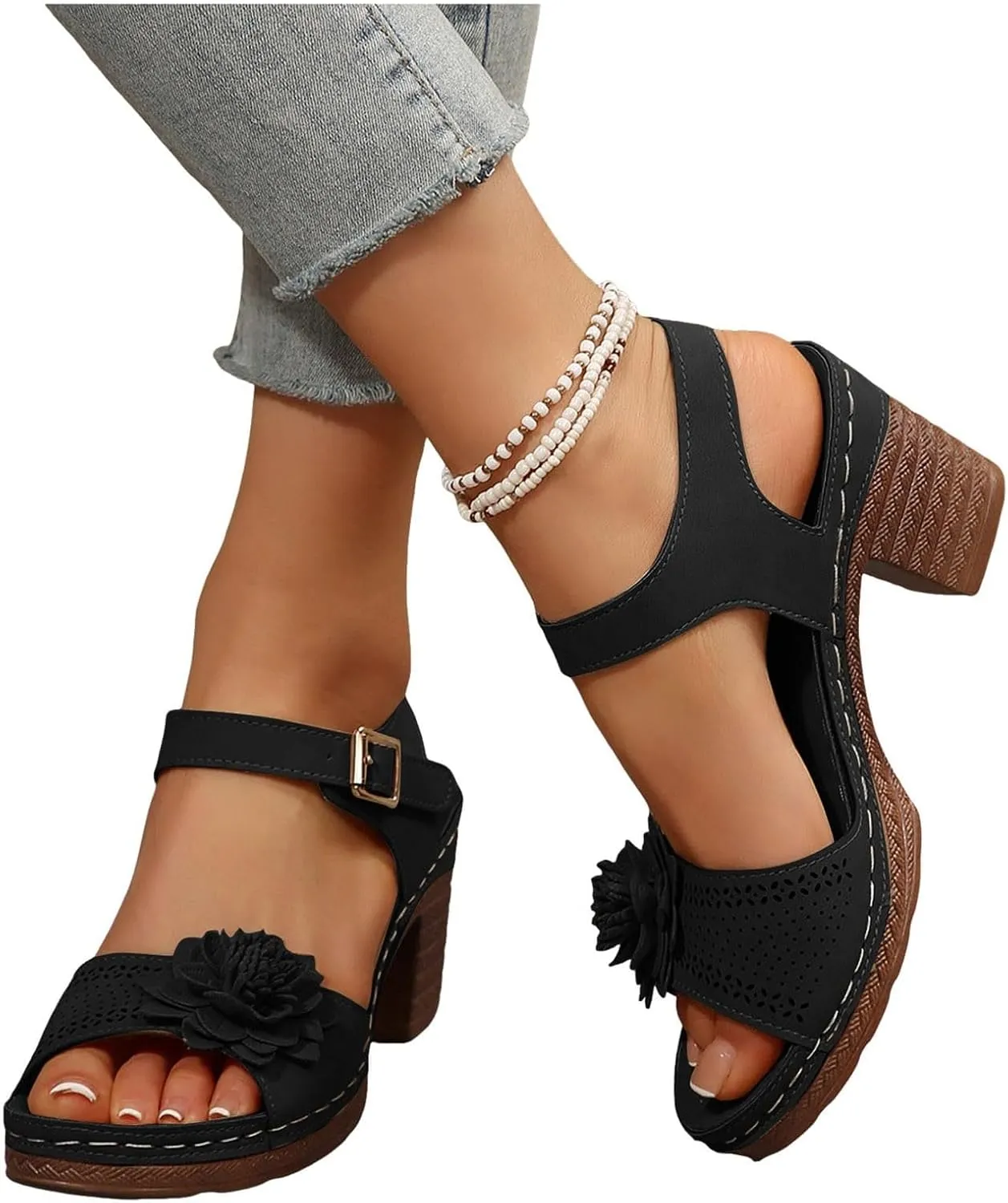 ZWRXW Open Toe Wedge Sandals for Womens Flower Buckle Ankle Strap Arch Support Orthopedic Wedge Casual Sandal Cute Fashion Dressy Bohemia Sandals Summer Comfortable Shoe