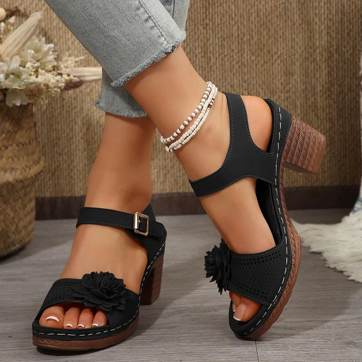 ZWRXW Open Toe Wedge Sandals for Womens Flower Buckle Ankle Strap Arch Support Orthopedic Wedge Casual Sandal Cute Fashion Dressy Bohemia Sandals Summer Comfortable Shoe